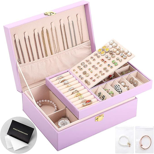 Jewelry Box for Girls Women Leather Jewelry Organizer with Lock Double Layers Jewelry Storage Case Removable Tray for Necklace Earring Ring with Polishing Cloth and Jewelry Bags, Home Decor Gifts