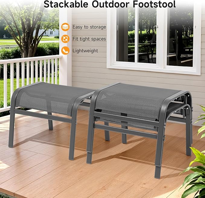ONBRILL Outdoor Ottoman Set of 2, All Weather Outdoor Foot Stool with Supportive Textliene and Metal Frame, Stackable Oversized Outdoor Foot Rest for Furniture Patio Garden Pool, Grey