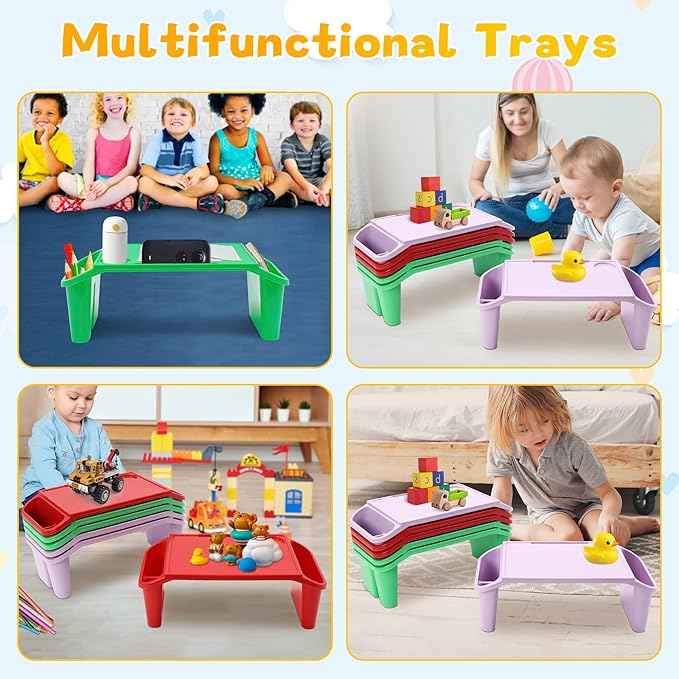 6 Pcs Kids Lap Desk Tray, Plastic Breakfast Lap Desk Trays with Storage Slots, Portable Stackable Lap Tray Table for Eating Writing Drawing Classroom, 19.69" L x 9.84" W x 7.1" H (Multicolor)