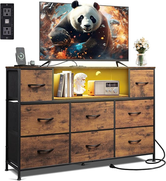 WLIVE TV Stand for 45, 50, 55 inch TV, Entertainment Center with LED Lights & Charging Station, TV Media Console Table with 8 Fabric Drawers and Open Shelves for Living Room, Hallway, Rustic Brown