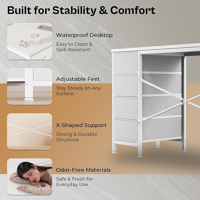 Huuger 55 Inch L Shaped Desk with Fabric Drawers, Reversible Computer Gaming Desk with Power Outlets and USB-C Port, Adjustable Side Storage Shelves, for Work Study Corner Home Office, White