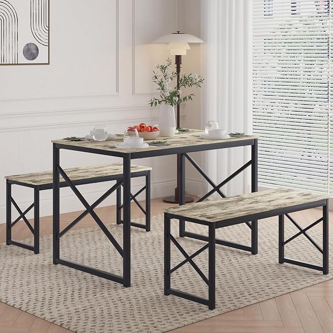 VECELO Kitchen Table with 2 Benches for 4, 43.3'' Wood Dining Room Dinette Sets with Metal Frame for Breakfast Nook and Small Space, Grey