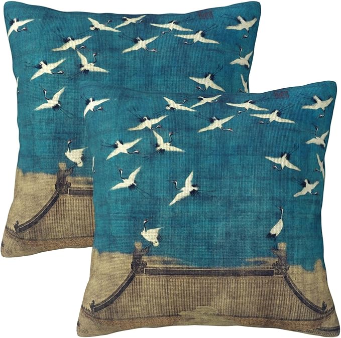 Blue Vintage Chinoiserie Bird Throw Pillow Covers 18x18 Inch Set of 2 Farmhouse Rustic Pillow Case Antique Country Home Decor Cushion Cover of Sofa Living Room Bedroom