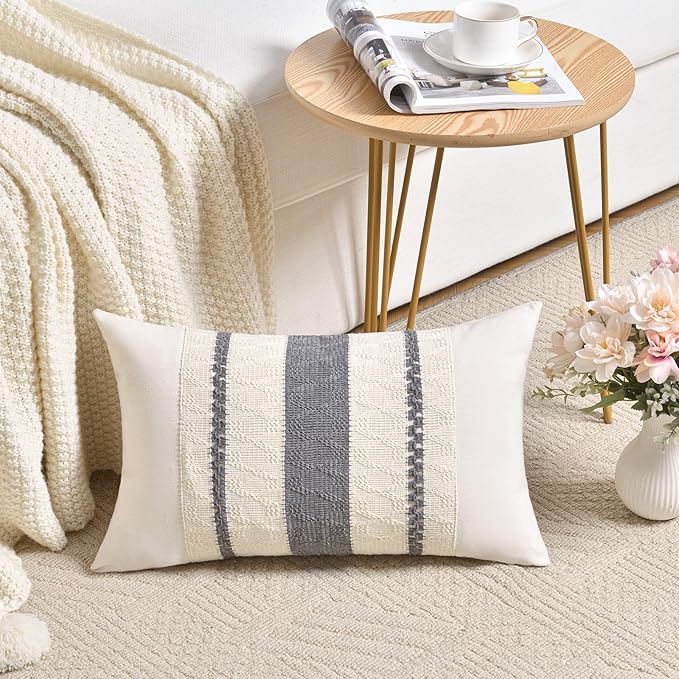 Fancy Homi Set of 2 Neutral Grey Farmhouse Long Lumbar Decorative Throw Pillow Covers 14x24 Inch for Couch Bed Chair, Vintage Country Rustic Retro Room Decor, Soft Thick Cotton Rectangle Cushion Case