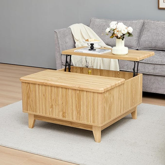 Lift Top Coffee Table, Square Coffee Table with Hidden Storage Compartment, Farmhouse Wood Center Table Dining Table for Living Room, Bedroom, Home Office (Natural)