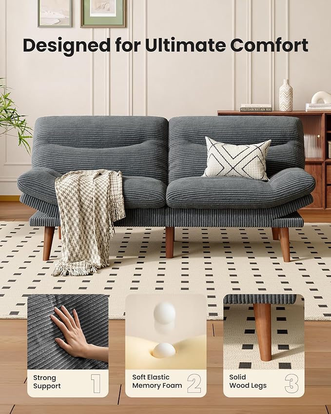 Pipishell Futon Sofa Bed, 73" Convertible Futon Couch, Adjustable Backrest & Armrests, Corduroy Recliner Sleeper Sofa for Small Spaces, Living Room, Office, Guest Room (Grey, 73 in)