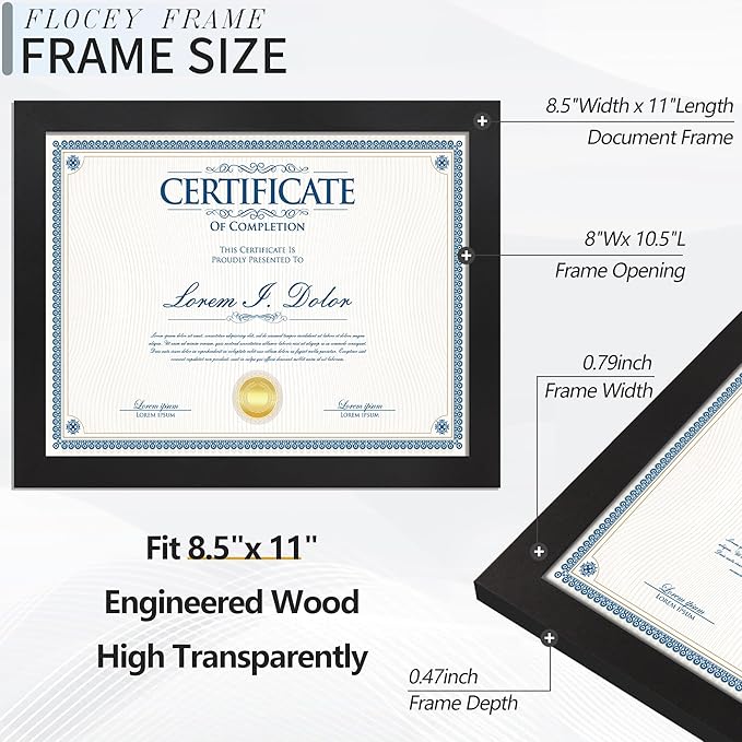 8.5x11 Picture Frame set of 6, Multi Certificate 8.5 by 11 Picture Frames Bulk, Document Diploma Award Frame for Wall Hanging or Tabletop Display, Black