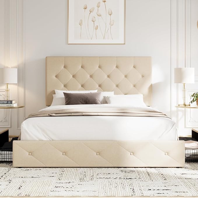 Allewie Upholstered Queen Size Platform Bed Frame with 4 Storage Drawers and Headboard, Diamond Stitched Button Tufted, Mattress Foundation with Wooden Slats Support, No Box Spring Needed, Beige