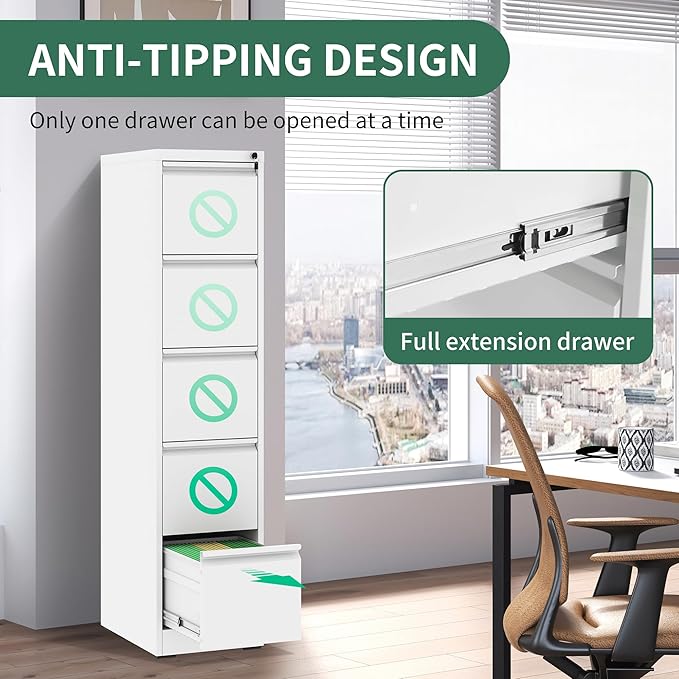 File Cabinet, Vertical File Cabinets with Lock for Home Office,Heavy Duty Office Steel Filing Cabinet for Hanging Letters/Legal/A4, Assembly Required (White, 5 Drawers)