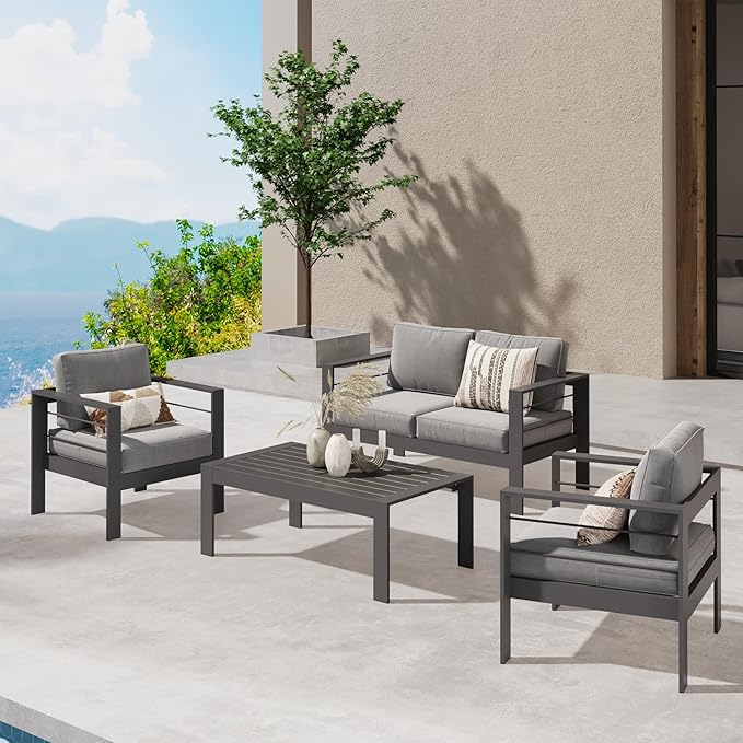 Wisteria Lane Outdoor Patio Furniture Set, 4 Pieces Aluminum Sectional Sofa, Metal Patio Conversation Set with Loveseat, 5 Inch Grey Cushion and Coffee Table (Dark Grey & Grey)