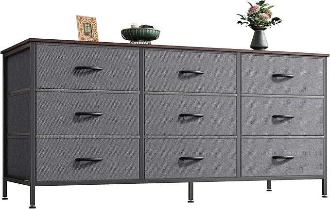 Huuger 9 Drawer Dresser for Bedroom, 47 Inch Dresser TV Stand for 50, 55 Inch TV, Entertainment Center for Bedroom, Fabric Storage with Drawer, Closet, Dark Grey