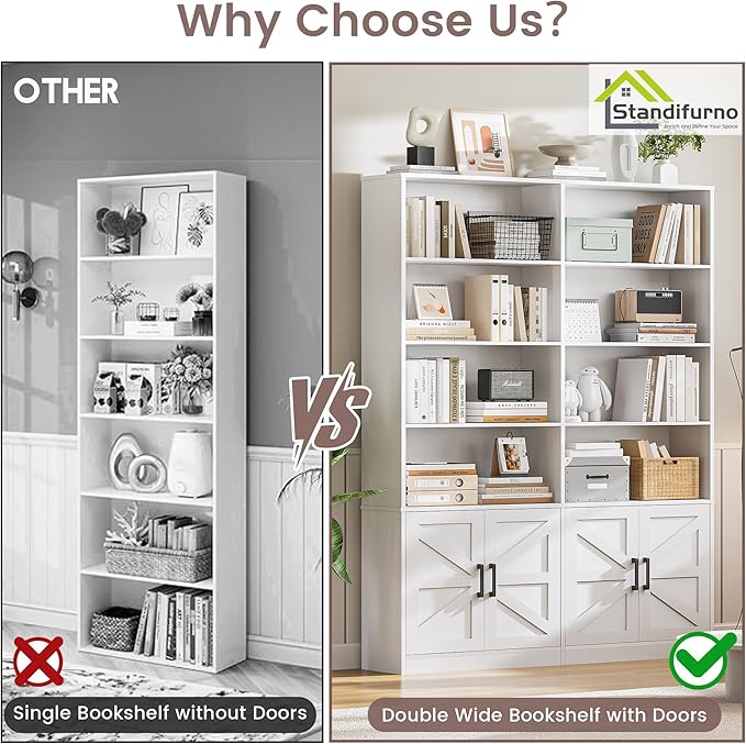 White Bookshelf and Bookcase with 4 Doors, 6 Tier Large Book Shelf with Storage Cabinets, Modern Floor Standing Display Shelves, 71” Tall Book Case for Living Room, Home Office, Library