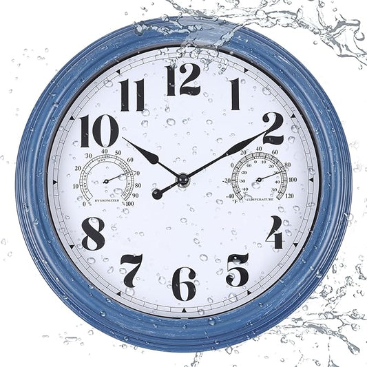 12 inch Outdoor Wall Clock, Plastic Waterproof Outdoor Clock with Temperature & Humidity, Water Resistant Wall Clocks for Patio Garden, Blue