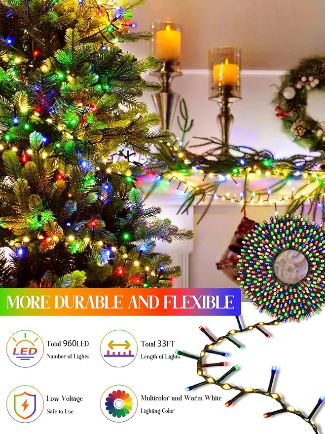 2025 New Christmas Cluster Lights 960 LED with Flowing Twinkling, Firecracker Fairy Lights with 15 Modes & Timer, Waterproof Christmas String Light for Indoor Outdoor Xmas Tree Party Garden Multicolor