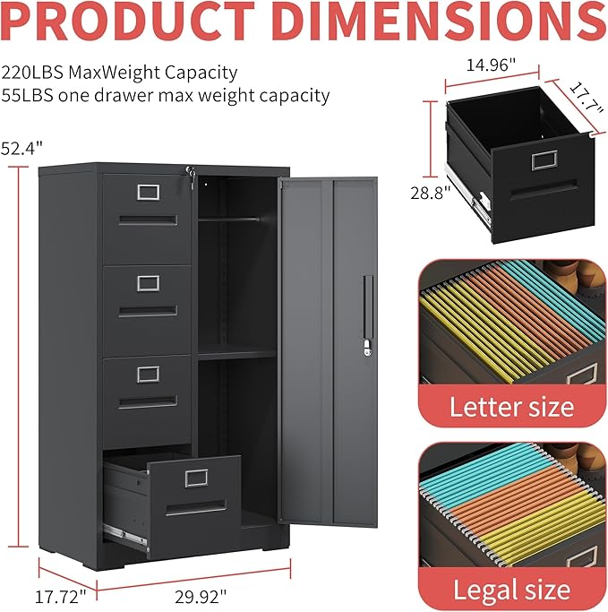 4 Drawer File Cabinet with 1 Door,Black Metal Storage Locker Cabinets for Employees,Home Office Lockable Steel Filing Cabinets for Legal/Letter Size Files, Assembly Required