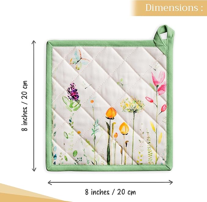 Maison d' Hermine Pot Holders 100% Cotton Heat Resistant Potholders 8" x 8" Hot Pads with Loop BBQ, Cooking, Baking, Grilling, Kitchen, Handling Hot Pans Spring/Summer (Pack of 1, Botanical Fresh)