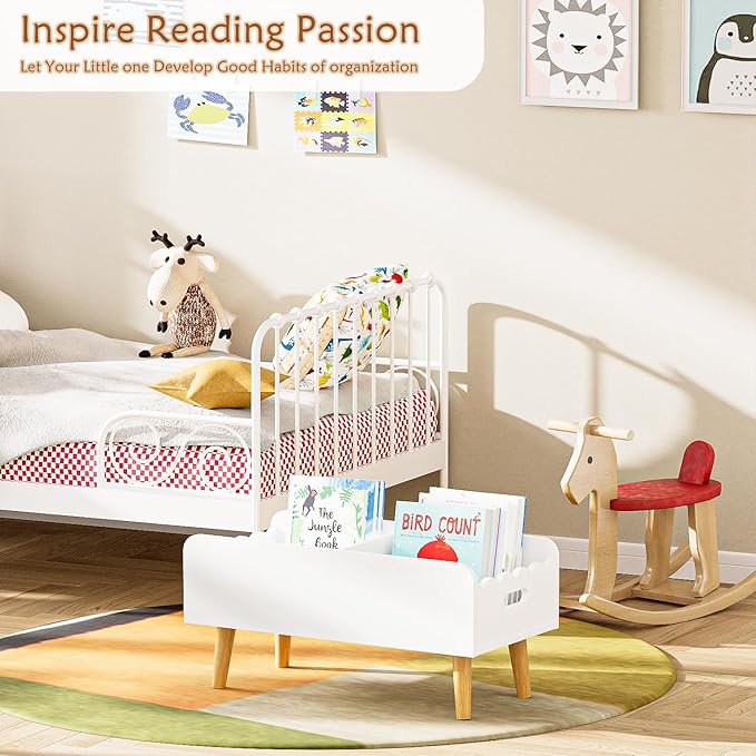 GRANTLEY Montessori Kids Bookshelf for Toddler - Wooden Book Shelf for Kids Rooms, Little Low Book Basket with Dividers, Floor Book Caddy, Minimalist Mobile Bookcase for Classroom Nursery