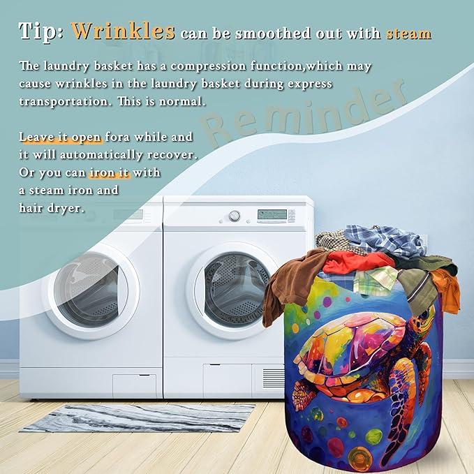 Colorful Sea Turtle Laundry Basket Foldable With Handles Tote Bag Oxford Cloth Cute Turtles Laundry Hamper 18.9" x 16.5" Clothes Storage Bucket Toy Organizer For Bathroom/Laundry/Bedroom