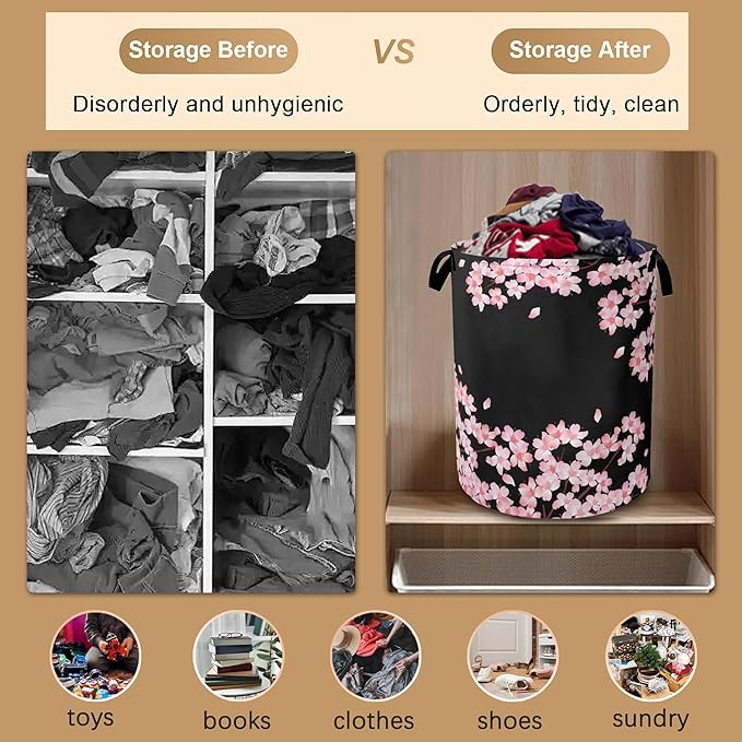 Laundry Hamper,Cherry Blossom Laundry Basket,Waterproof Oxford Cloth Storage Basket with Handle for Clothes Books Nursery Home Storage Sundries 16"x20"