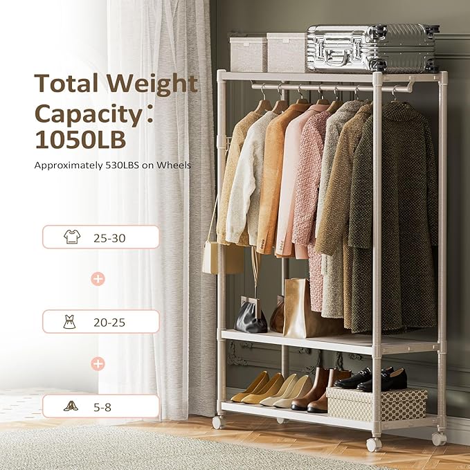 IZEUK Heavy Duty Rolling Clothing Rack with Clothes Hanging Rod, 3-Tier Adjustable Metal Wardrobe Closet Organizer with Side Hooks, Garment Rack on Wheels, 45.3" W x 17.7" D x 70.3" H, Gold