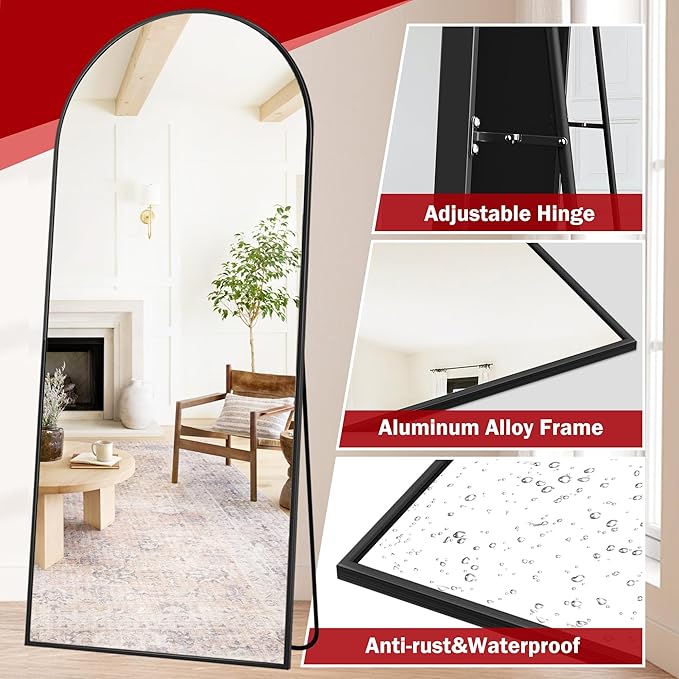 Suidia Full Length Mirror, 71"x32" Floor Standing Mirror Freestanding, Full Body Mirrors with Stand for Bedroom, Hanging Mounted for Living Room Cloakroom, Black, Arched Style