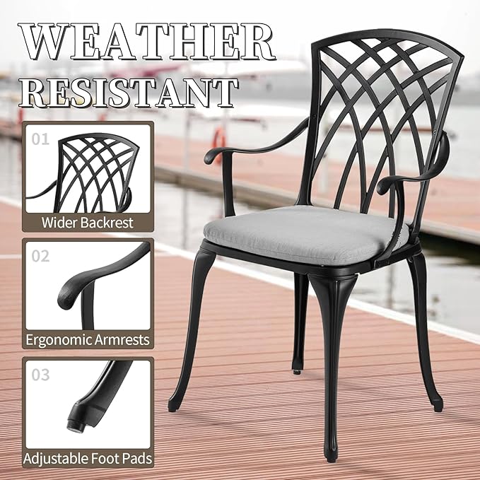 3 Piece Patio Bistro Set with Cushions, Outdoor Bistro Table and Chairs Set of 2 with Umbrella Holes, All Weather Bistro Table Set for Garden Porch Pools (Black with Grey Cushion)