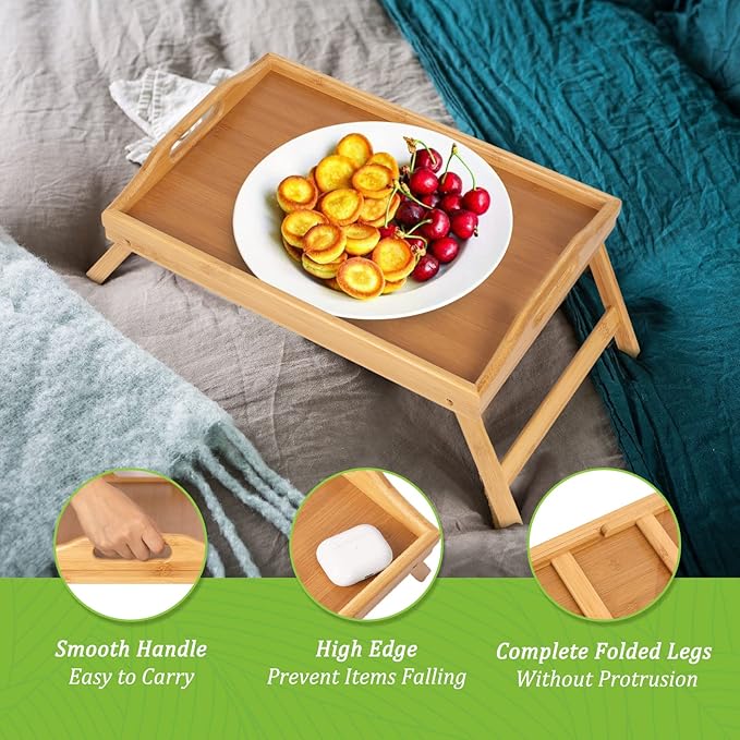 Bed Tray Table Folding Legs with Handles Breakfast Food Tray for Sofa,Bed,Eating,Drawing,Platters Serving Lap Desk Snack Tray (Bamboo Medium)