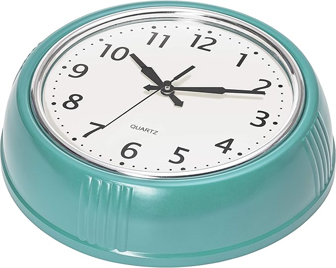 Bernhard Products Retro Wall Clock 12 Inch Blue Kitchen 50's Vintage Design Round Silent Non Ticking Battery Operated Quality Quartz Clock (Robin Egg Blue)