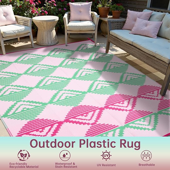 Beeiva Waterproof Outdoor Rug 8x10, Reversible Plastic Straw Patio Mat, Modern Geometric Large Outdoor Camping Rugs for Porch, Deck, Backyard, Balcony, Picnic - Pink & Green