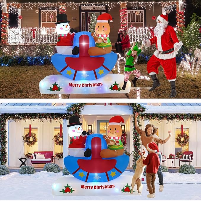 6FT Seesaw Snowman and Pancake Man, Built-in LED Lights and Colorful Rotating Lights, Suitable for Christmas Lawns, Gardens, Courtyards Outdoor Inflatable Decorations