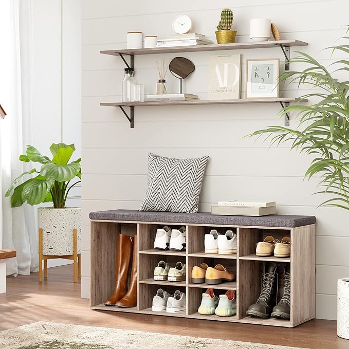 DINZI LVJ Shoe Storage Bench with Cushion, Cubby Rack with 12 Cubbies, Adjustable Shelves, Multifunctional Organizer Bench for Entryway, Mudroom, Hallway, Closet and Garage, Greige