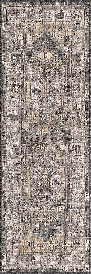 Unique Loom Outdoor Traditional Collection Area Rug - Valeria (2' x 6' 1" Runner, Charcoal/ Natural)