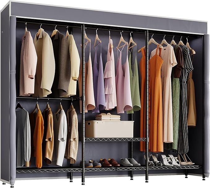 H8 Heavy Duty Clothes Rack with Cover, Covered Garment Rack with Shelves, Wardrobe Closet with Cover, Portable Closet Organizer Storage, Black Clothing Rack with Grey Cover