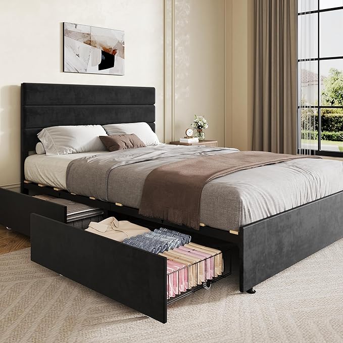 WLIVE Full Size Upholstered Bed Frame with 4 Drawers and Velvet Square Tufted Headboard, Sturdy Metal & Wooden Slats Support, No Box Spring Needed, Easy Assembly, Black
