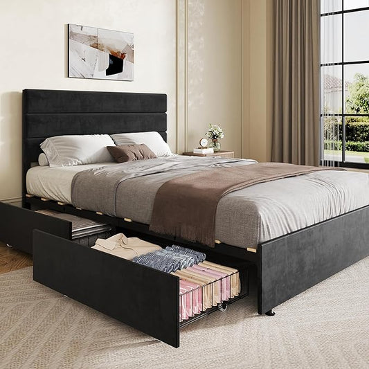 WLIVE Full Size Upholstered Bed Frame with 4 Drawers and Velvet Square Tufted Headboard, Sturdy Metal & Wooden Slats Support, No Box Spring Needed, Easy Assembly, Black