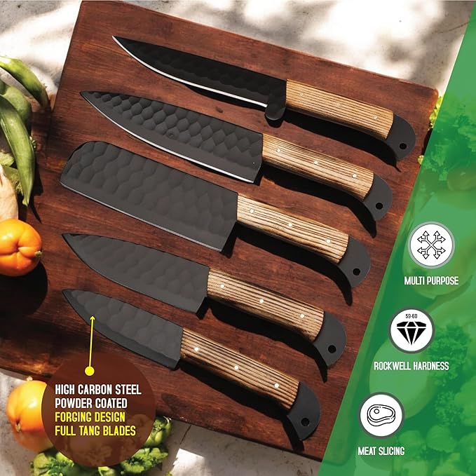 5 PCS Handmade Kitchen Chef Knife Set Hand Forged High Carbon Steel Blade Ashwood Handle With Leather Bag Kit set included (Chef, Cleaver, Butcher, Paring knife, Fillet knife, Utility Knife)