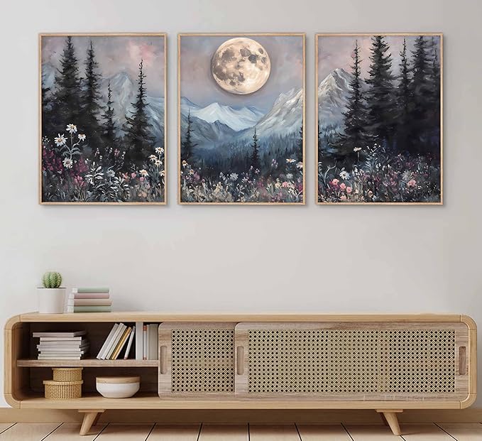 3Pcs Full Moon Forest Canvas Wall Art Vintage Moonlit Pine Tree Mountains and Wildflowers Woodland Nature Landscape Picture Wall Decor Poster Print Artwork for Bedroom Living Room Decor Unframed