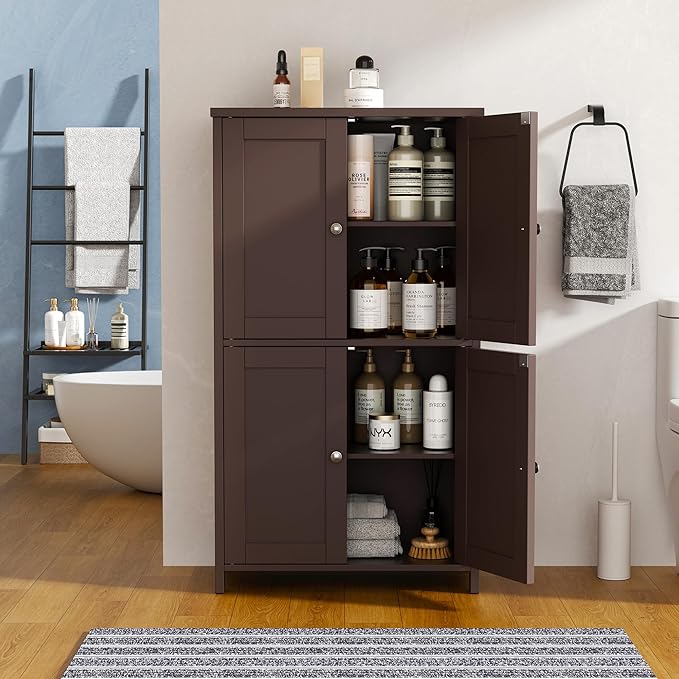 Vongrasig Bathroom Floor Storage Cabinet, Modern Storage Unit with 4 Doors and Adjustable Shelves, Freestanding Sideboard Cabinet for Bathroom, Kitchen, Living Room, Reddish Brown