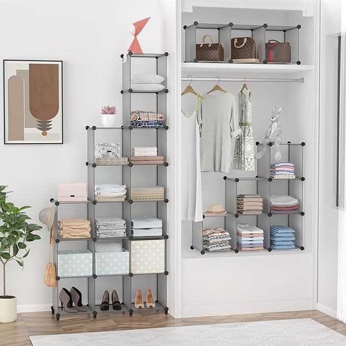 HOMIDEC Closet Organizers and Storage, 16 Cube Storage Organizer, Portable Closet Organizer Cubes Shelves for Clothes, Bedroom, Wardrobe, Kids Room, Bathroom, Grey