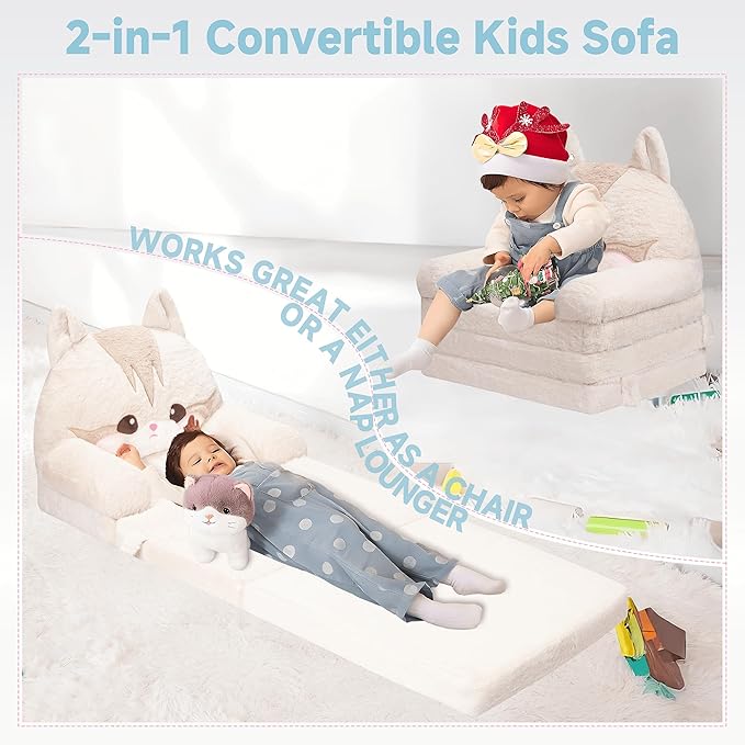 MONKISS Kids Couch, Comfy Toddler Chair, 2 in 1 Fold Out Kids Sofa to Lounger, Baby Sleeper Chair, Toddler Furniture, Birthday Gifts for Boys and Girls, 1~4 Years Old, Cute Cat