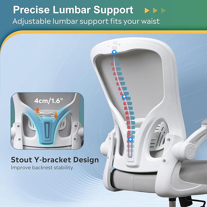 DEVAISE Office Chair Ergonomic Computer Desk Chair with Flip-up Armrests, Comfy Mesh with Adjustable Lumbar Support, White