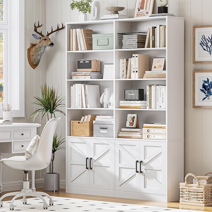 Farmhouse Bookshelf and Bookcase with 4 Doors Set of 2, 6 Tier Large Book Shelf with Storage Cabinets, Floor Standing Display Shelves, 71” Tall Book Case for Home Office, White