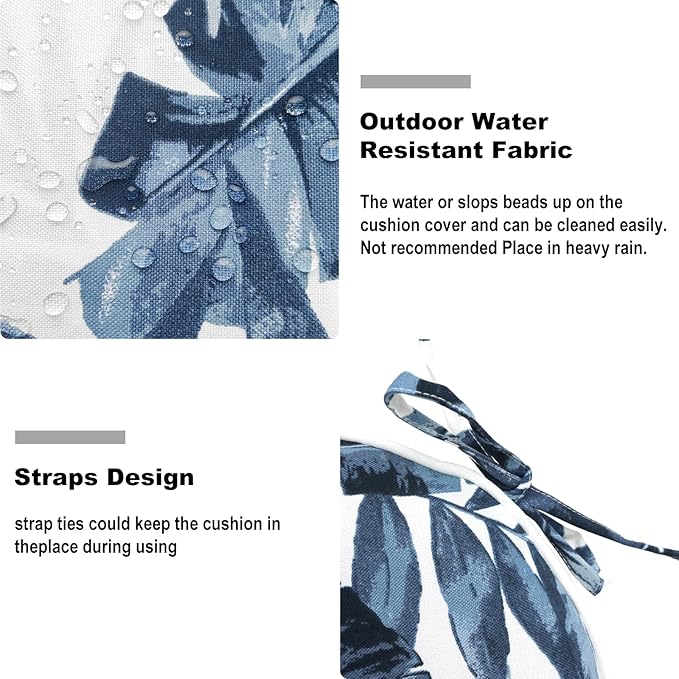 Set of 2 Outdoor Chair Cushions with Ties,Water Repellent Patio Chair Pads 17"x 16" for Outdoor Furniture,Round Corner Seat Cushions for Garden Yard Kitchen Palm Blue