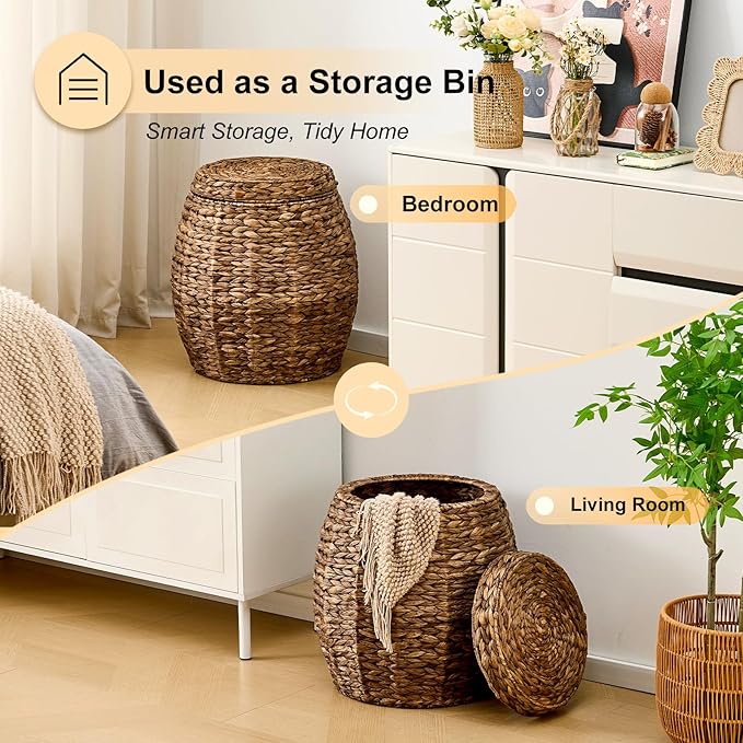 Round Wicker Basket with Lid, Handwoven Hyacinth Storage Basket, Blanket Organizer Basket for Laundry, Bathroom, Bedroom, Living Room, Office