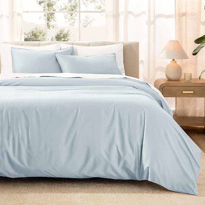 Bare Home 100% Organic Cotton Sateen Duvet Cover Set - Full/Queen Size - 400 Thread Count - Smooth Sateen Weave - Warm & Luxurious - Duvet Cover (Full/Queen, Winter Blue)