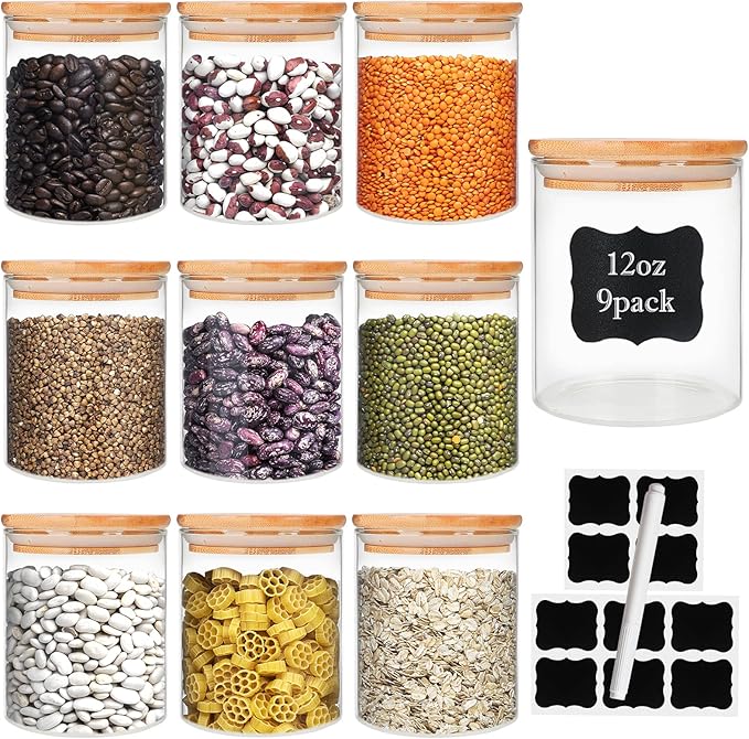Glass Food Storage Containers Jars with Airtight Bamboo Lid 12 oz 9 pcs, 340 ml Pantry Organization Jar, Glass Terrarium with Lid, Spice, Flour and Sugar Container, Canister Set for Kitchen Counter