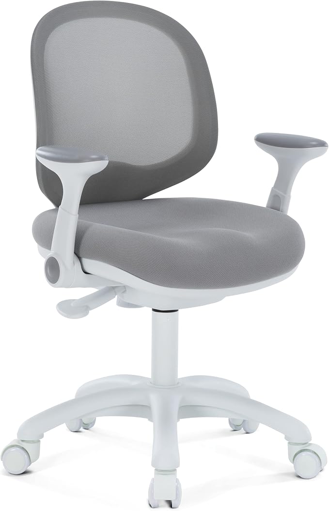 Kids Desk Chair, Boy's Girl's Child Children Study Office Computer Chair, Ergonomic Design, Adjustable Height and Seat Depth (Grey W/Armrests)