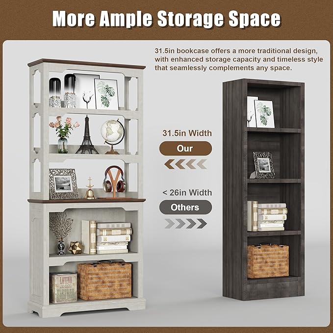 Tall Bookcase, 70 inch Height, 5-Tier Open Storage Shelf, 31.5 in Wide Standing Bookshelves for Home, Office, Bedroom, School, Library, 31.5W * 11.81D *70H (White Espresso, Hollowed Shelf)