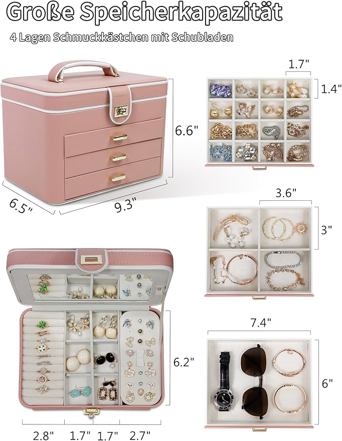 KAMIER Jewelry Organizer Box for Women - 4 Layer Drawer Jewellery Storage with Lock and Mirror - Jewelry Case for Necklaces Rings Bracelets Earring Holder Organizers (Pink)