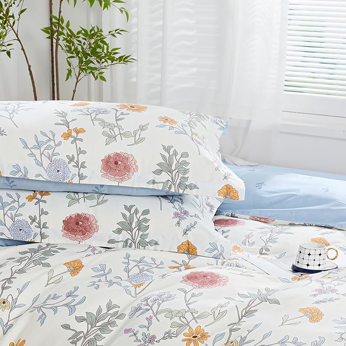 SAPHREAS Floral Duvet Cover Set 2pcs Twin Size Botanical Flower Leaves Pattern Bedding Comforter Cover Set 100% Cotton 1 Duvet Cover 68"x90" 1 Pillow Sham, Comforter Not Included